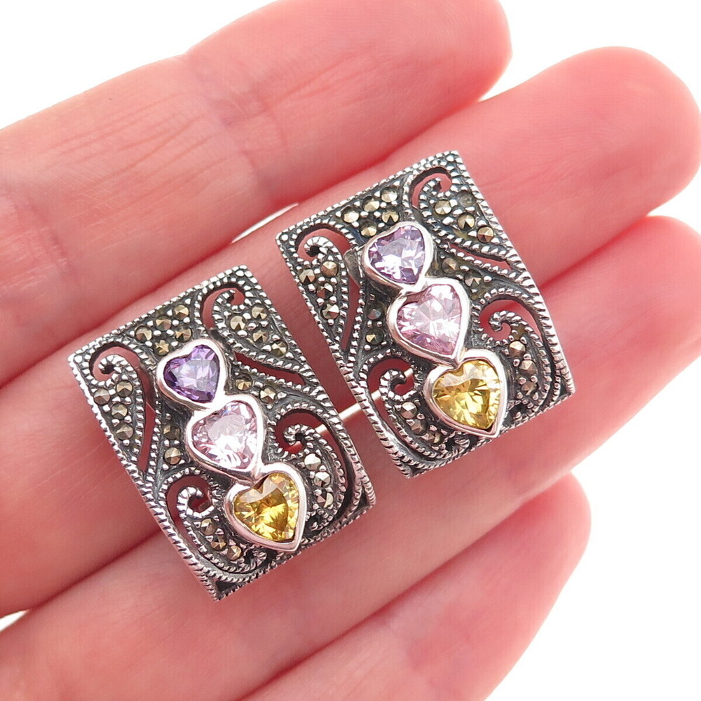 925 Sterling Vintage Real Marcasite & Multi-Color C Z Heart Clip On Earrings